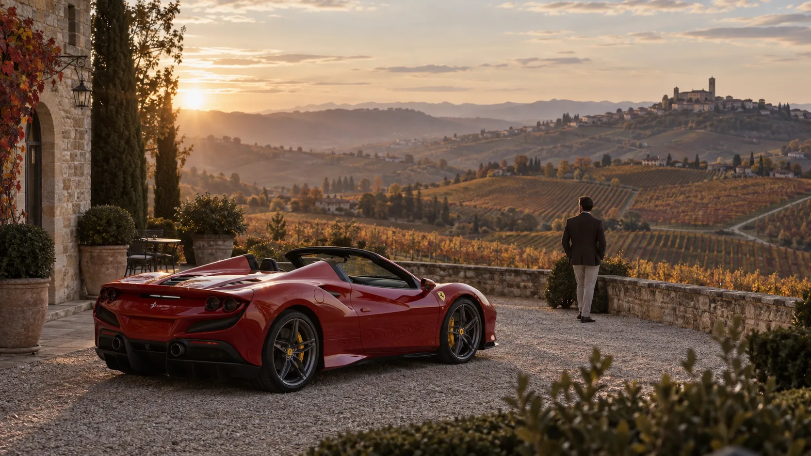Ferrari F8 rossa in una corte panoramica delle Langhe, visual illustrativo