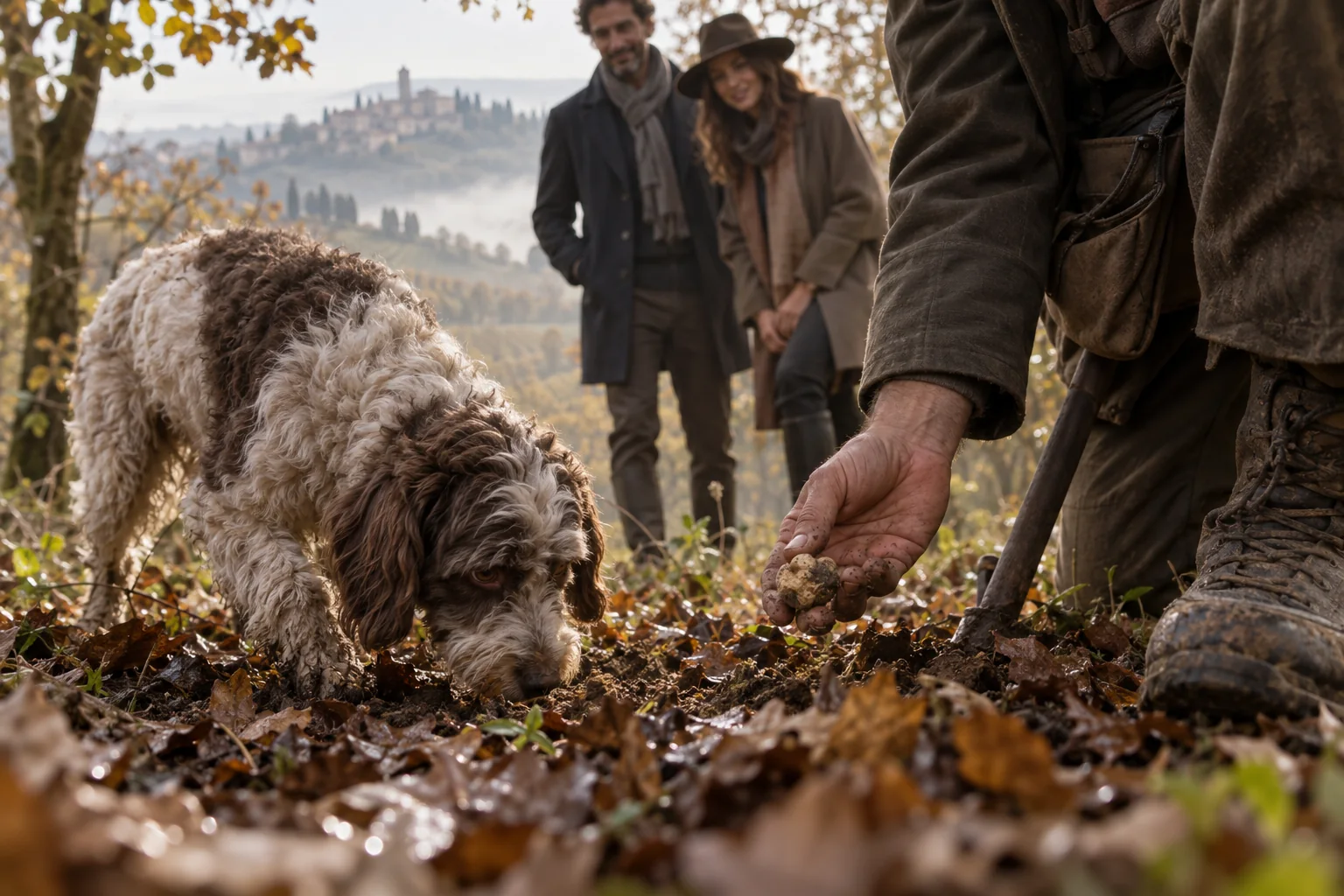 Ricerca del tartufo bianco nei boschi delle Langhe, visual illustrativo