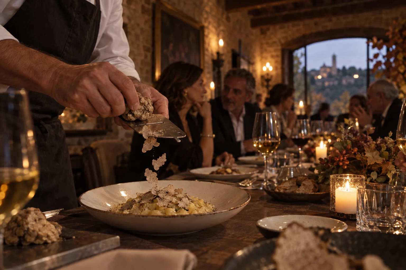 Tartufo bianco di Alba servito durante una cena piemontese, visual illustrativo